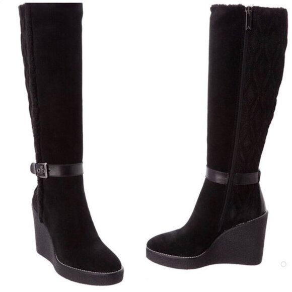 AQUATALIA Black Suede Callie Quilted Fur Lined Tall Boot Wedge Boot - Picture 1 of 12